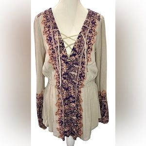 FREE PEOPLE boho style Tunic lace up blouse cream orange and purple | Size Small